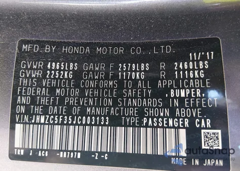 2018 Honda Clarity Plug-In Hybrid Touring из США, поврежденный, VIN JHMZC5F35JC003133